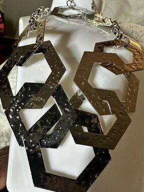 3PCS Chunky Hammered Hexagon Link Necklace and Earrings - Silver